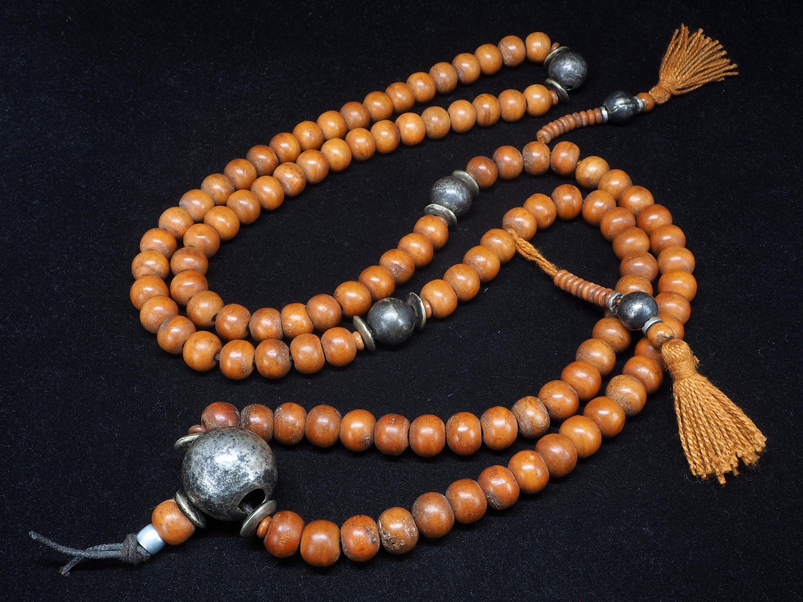 Bone & silver Tibetan Buddhist style mala rosary.  Tribal, ethnic jewelry