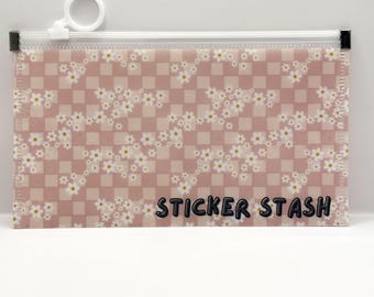 Pink Floral Checkered Sticker Stash Plastic Storage Pouch