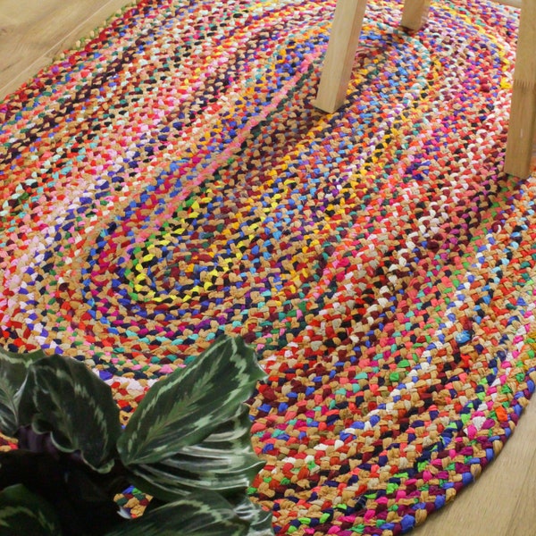 Cotton Braided Oval Rug Recycled Handmade Multicolor Woven Area Rug Boho Style