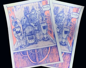 May include: A blue and orange illustration of three robots in a room with the word "Rrello" written on a sign. The robots are holding containers with a blue and white design. The illustration is drawn in a cartoon style.