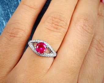 Evil Eye Diamond Ring. 1 carat Pink Tourmaline 0.3 GVS diamond,  14K White Gold, Ring Size 5.75