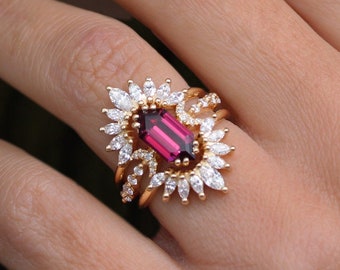 Long Hexagon Rhodolite and diamond halo Gemstone Engagement Ring with two Marquise diamonds nesting rings, Sunburst, Three Rings Bridal Set,