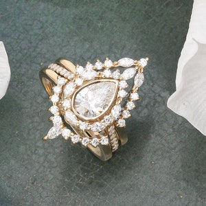 Pear Lab Diamond and Unique Natural Diamond Halo Engagement Three Ring Set, Vintage Wedding Rings, Art Deco Ring, Victorian Inspired Eva image 1