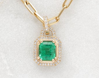 Emerald cut emerald with diamond lock pendant, 14K solid gold, glamour necklace. Natural gemstone.