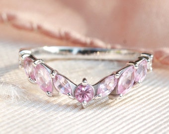 Marquise pink Spinel & Sapphire Crown nesting v ring, Unique Pink gemstones Wedding Band, Pinkie - Ready to ship in 14K white gold, size 6.5