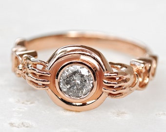 Holding Hands ring , Salt & Pepper round diamond solitaire evil eye, unique celestial engagement ring - The holder - 14K rose Gold Size 7US