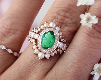 Oval Emerald, diamond halo unique engagement ring with two matching nesting rings, Gemstone Art Deco, Vintage Wedding Ring Set, Scarlett