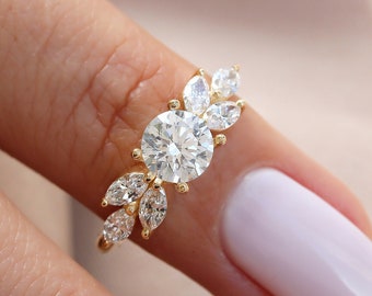 Natürliche Diamant Runde und Marquise Diamanten Schöne Einzigartige Verlobungsring, 14K Gold, Feminin, Modern, Zart Solitär Einfach Penelope