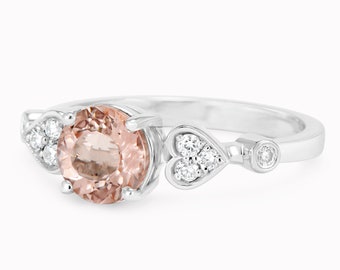 Morganite & Diamond Heart Shank Unique Engagement Ring, 14K White Gold, Size 6.5 - Doti