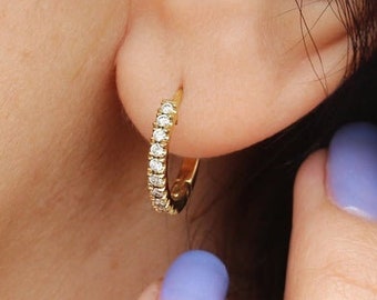 Diamond huggies, 14K huggie hoops, Diamond earrings, Small hoop earrings, 0.3ct diamonds, Dainty gold earrings, anniversary unique gift