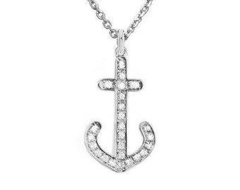 Diamond Anchor Pendant Necklace, 14K Gold & Diamonds Anchor Necklace, Anchor Jewelry, Nautical Jewelry, Anniversary Gift, Gift for him