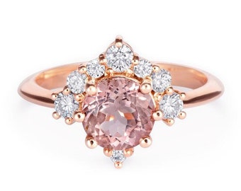 Morganite & Diamonds Unique Cluster Engagement Ring, Morganite Diamond half Halo Unique Wedding Ring, Round Morganite engagement ring, Luna