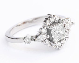 Square & Princess Cut Unique Engagement Ring, Cluster Diamond Engagement Ring, Square Diamond ring, 14K gold Engagement ring, Eclipse