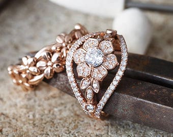 Unique Flower Diamond Engagement Ring "Lilly Garden", Gold Flower Ring - 14K Rose Gold, 1.0 carat diamonds, Ready to ship.