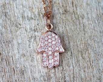 Einzigartige Hamsa Gold Anhänger Halskette, Diamant Hamsa Anhänger Halskette, Schutz Halskette, 14K Gold & Diamanten, Diamant Hand Anhänger