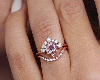 One of a Kind, Morganite & Diamonds Unique Cluster Engagement Ring, 14K Rose Gold, Size 6.5