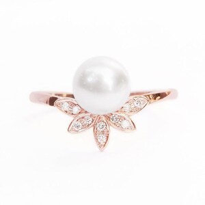 Unique Pearl with five diamond Leaves engagement ring, bridal minimalist pearl gold ring, promise ring, Anniversary ring, gift for her