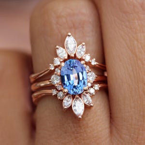 Ovaler natürlicher Tansanit-Verlobungsring mit passendem Ringschutz, Art-Deco-Ring, viktorianisch inspiriert, Isabella und Danielle