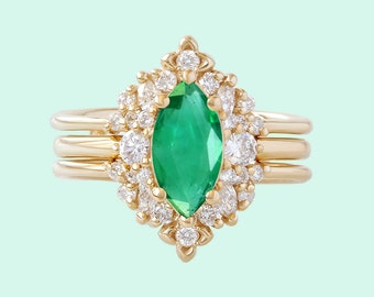 Emerald Engagement Ring and Matching Diamond Ring Guard, Marquise Cut Emerald, Floral Art Deco Vintage 14K/18K solid gold Isabella Orchid