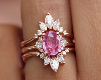 Oval Natural Pink Sapphire Gemstone and Diamonds Engagement Bridal ring set, with Matching Ring Guard Enhancer, Isabella + Danielle