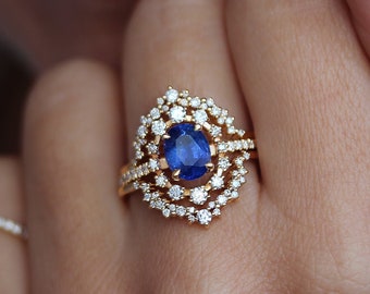 Big Oval Blue Sapphire and Diamond Halo Gemstone Engagement Ring Set, Matching Nesting Rings Guard, Art Deco, Vintage inspired, Glory