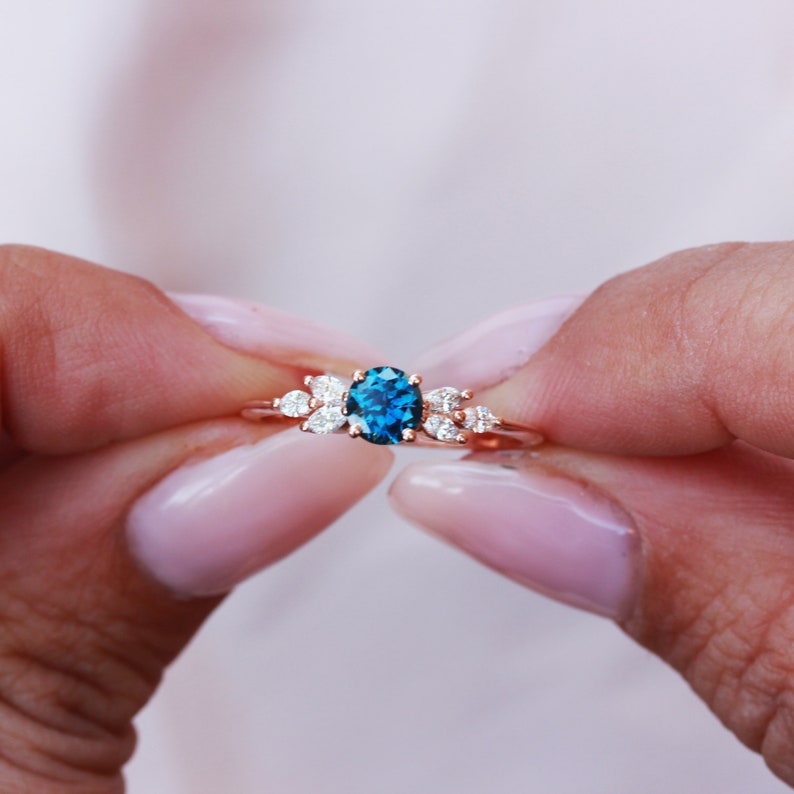 Montana Blue Sapphire and Marquise Diamonds Unique Gemstone Engagement Ring, 14K Gold, Feminine, Vintage, Delicate Solitaire Simple Penelope image 6
