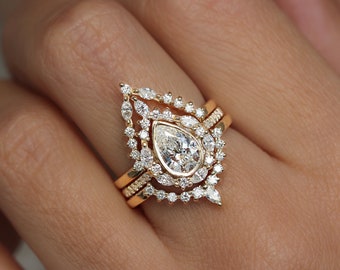Pear Moissanite and Unique Diamond Halo Engagement Three Ring Set, Vintage Wedding Rings, Art Deco Ring, Victorian Inspired Eva