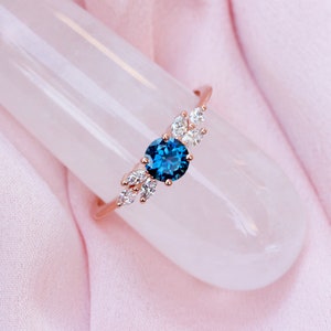 Montana Blue Sapphire and Marquise Diamonds Unique Gemstone Engagement Ring, 14K Gold, Feminine, Vintage, Delicate Solitaire Simple Penelope image 4
