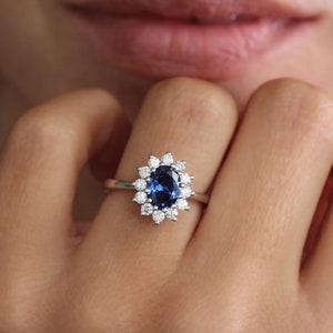 Oval Blue Sapphire & Diamonds Unique Engagement Ring, Marquise Diamonds Halo, Gold gemstone ring, Art Deco Engagement Ring image 1