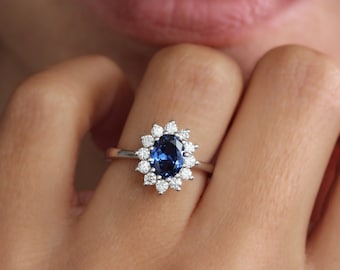 Oval Blue Sapphire & Diamonds Unique Engagement Ring, Marquise Diamonds Halo, Gold gemstone ring, Art Deco Engagement Ring