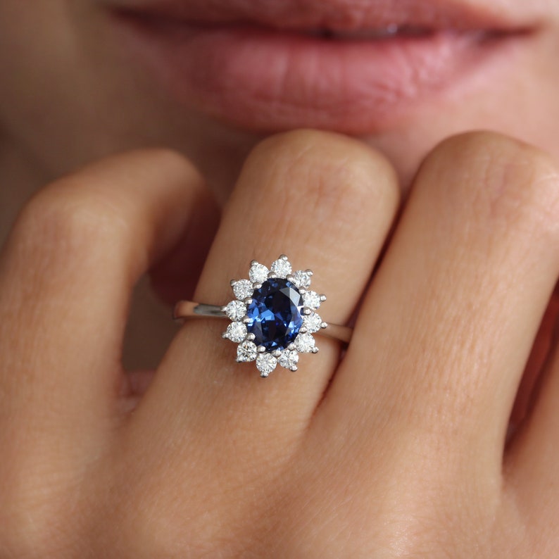Oval Blue Sapphire & Diamonds Unique Engagement Ring, Marquise Diamonds Halo, Gold gemstone ring, Art Deco Engagement Ring image 1