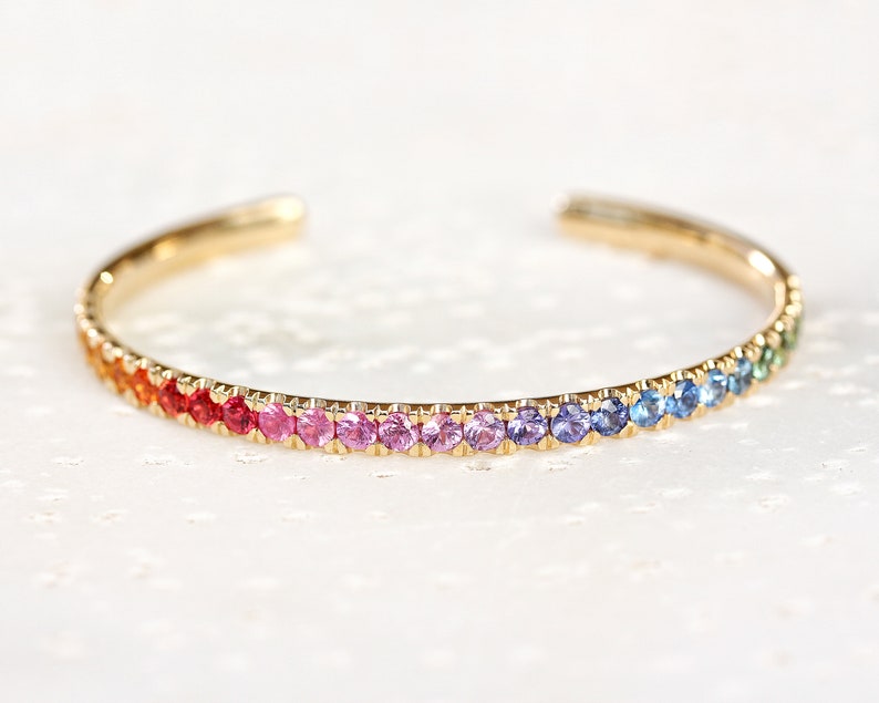 Natural Sapphires Rainbow Cuff Bangle, 14K Solid Gold, Rainbow Baby gift, Push Present, Joyful, Stylish, Colorful Gemstone,, LGBTQ, Unique image 1