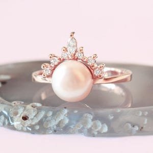 Unique Pearl with diamond engagement ring, bridal minimalist pearl gold ring, promise ring, Anniversary ring, gift for her, Pearl Romi