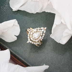 Pear Lab Diamond and Unique Natural Diamond Halo Engagement Three Ring Set, Vintage Wedding Rings, Art Deco Ring, Victorian Inspired Eva