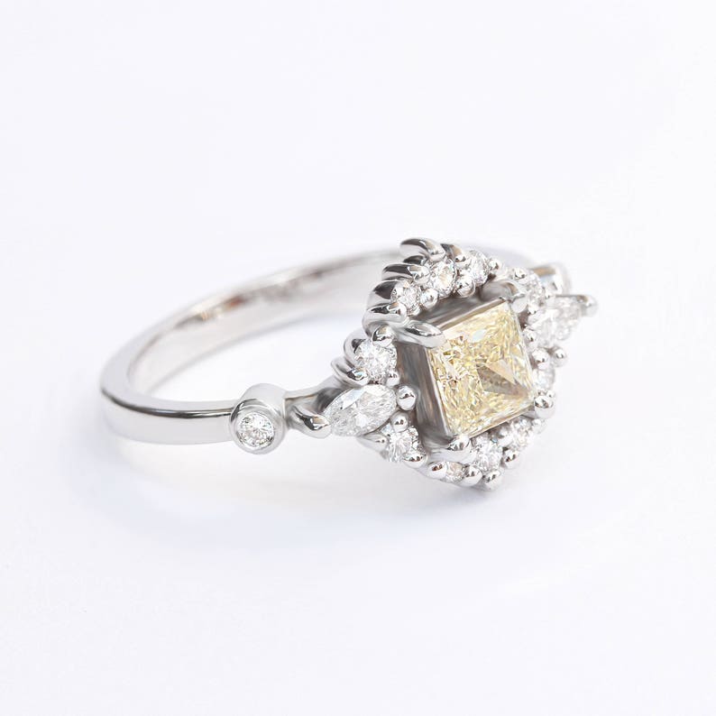 Asteroid Princess Cut Yellow Diamond Engagement Ring, 0.8 carat, 14K White Gold, Ring Size 6.5 Ready To Ship 'Ecliptic' image 2