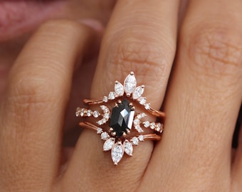 Black Diamond Elongated Hexagon and Diamonds Celestial Star Alternative Engagement Ring With Marquise Diamonds Danielle Ring Guard