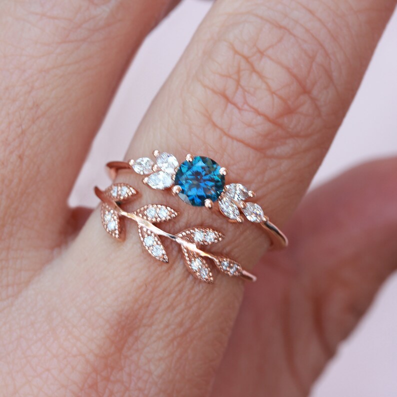 Montana Blue Sapphire and Marquise Diamonds Unique Gemstone Engagement Ring, 14K Gold, Feminine, Vintage, Delicate Solitaire Simple Penelope image 7
