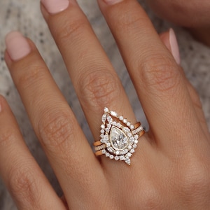 Pear Lab Diamond and Unique Natural Diamond Halo Engagement Three Ring Set, Vintage Wedding Rings, Art Deco Ring, Victorian Inspired Eva image 2