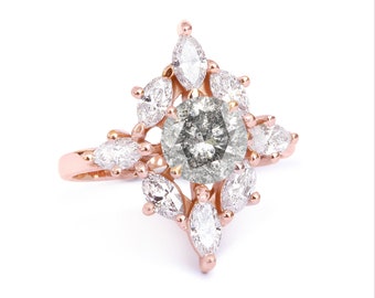 Aerolite Rustic Engagement Rings , Salt and pepper diamond unique engagement ring, indie bride, Natural Diamonds, 14K Rose Gold