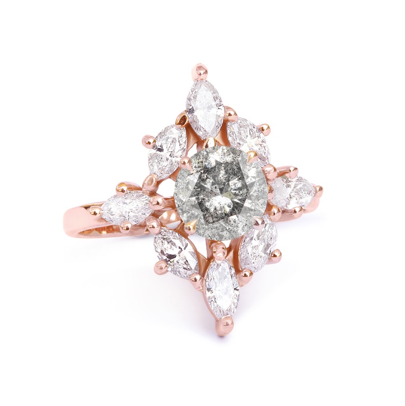 Aerolite Rustikale Verlobungsringe, Salz und Pfeffer Diamant einzigartiger Verlobungsring, Indie Braut, Natürliche Diamanten, 14K Rose Gold Bild 1