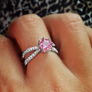 Engagement Ring Tourmaline Diamond Ring. 1 carat Pink Tourmaline 0.4 GVS diamond, 14K White Gold, Ring Size 5.75 image 5