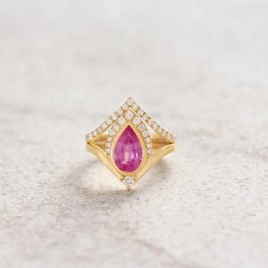 Pear Pink Sapphire Diamonds Modern Pink Gemstone Engagement Ring Set, Stack Matching nesting ring, V ring  14K solid gold, Atyasha