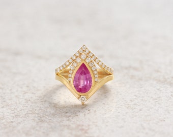 Pear Pink Sapphire Diamonds Modern Pink Gemstone Engagement Ring Set, Stack Matching nesting ring, V ring  14K solid gold, Atyasha