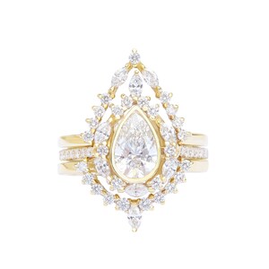 Pear Lab Diamond and Unique Natural Diamond Halo Engagement Three Ring Set, Vintage Wedding Rings, Art Deco Ring, Victorian Inspired Eva image 4