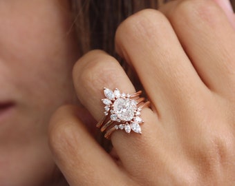 Ovaler natürlicher Diamant schöner Verlobungsring mit passendem Ring Guard Enhancer, Art Deco Ring, viktorianisch inspiriert, Isabella und Danielle