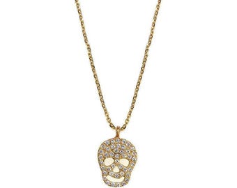 Unique skull gold pendant necklace for Halloween, Diamond skull pendant necklace, Skull jewelry, 14K gold & diamonds, Diamond skull charm