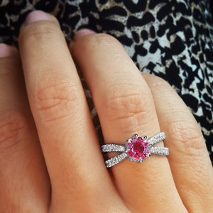 Engagement Ring Tourmaline Diamond Ring. 1 carat Pink Tourmaline 0.4 GVS diamond, 14K White Gold, Ring Size 5.75 image 3
