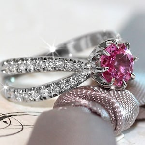 Engagement Ring Tourmaline Diamond Ring. 1 carat Pink Tourmaline 0.4 GVS diamond, 14K White Gold, Ring Size 5.75 image 1