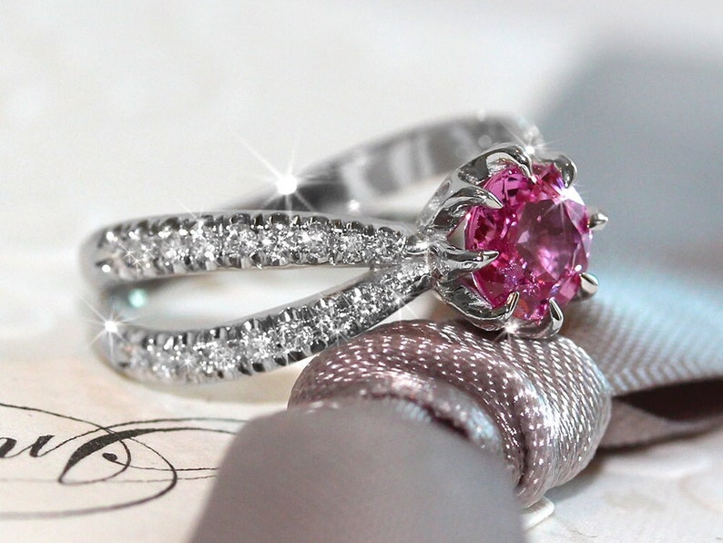 Engagement Ring Tourmaline Diamond Ring. 1 carat Pink Tourmaline 0.4 GVS diamond, 14K White Gold, Ring Size 5.75 image 1