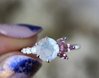 Unique Moonstone Spinel Diamonds Engagement Ring, Round moonstone wedding rings set, Aime, 14K White Gold Ring, Size 6.5